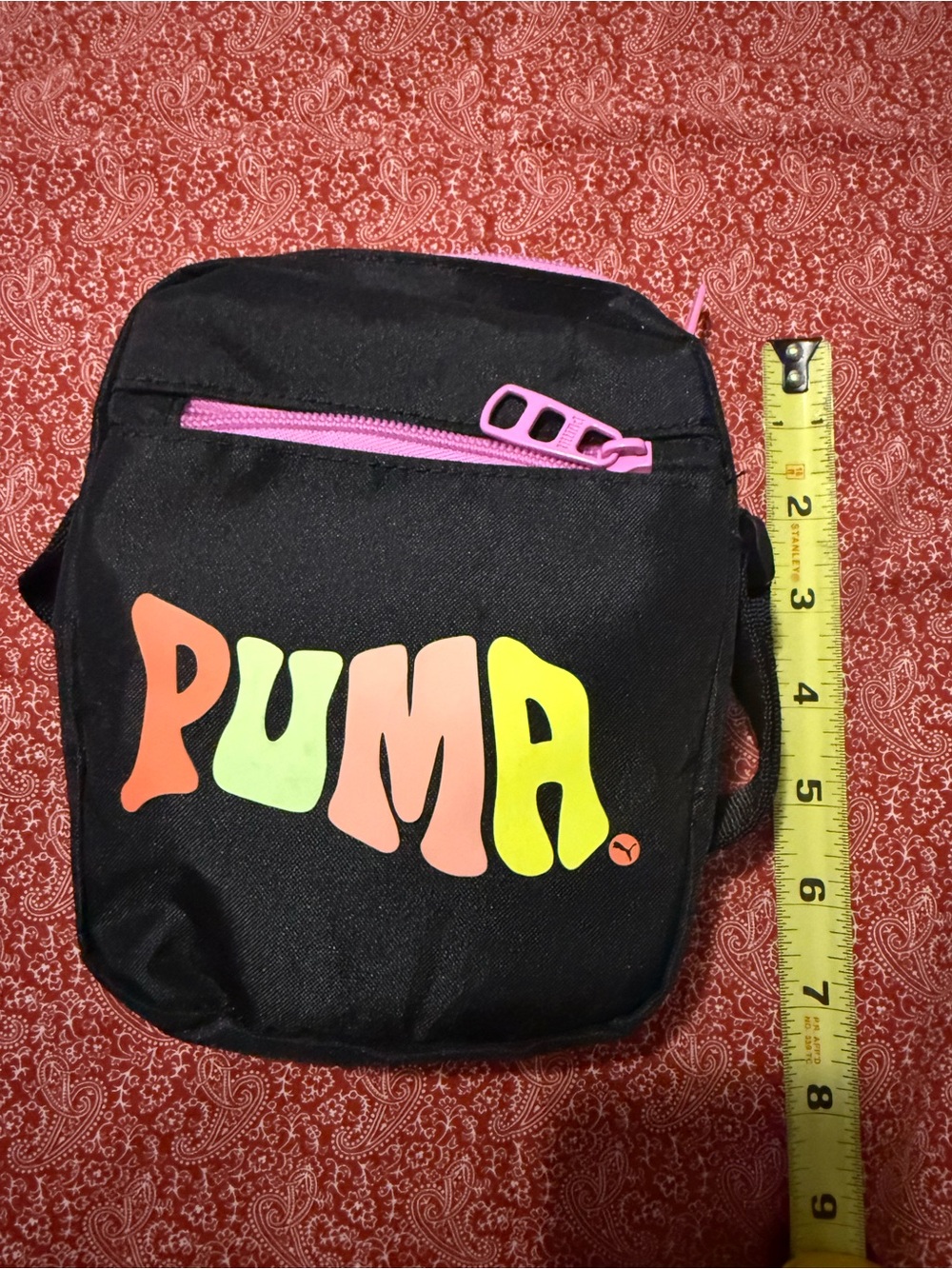 Puma Black Mini Crossbody with Neon Multicolor Logo and Pink Zipper